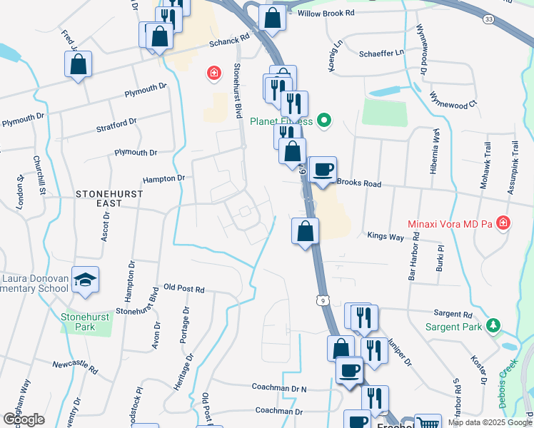 map of restaurants, bars, coffee shops, grocery stores, and more near 24 Manchester Court in Freehold