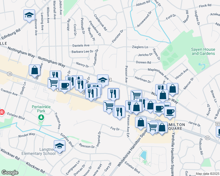 map of restaurants, bars, coffee shops, grocery stores, and more near 3333 Nottingham Way in Trenton