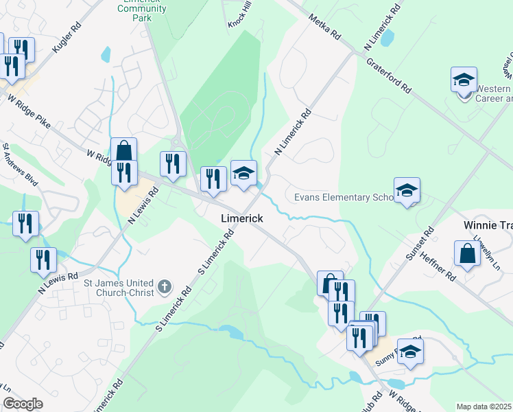 map of restaurants, bars, coffee shops, grocery stores, and more near 12 North Limerick Road in Royersford