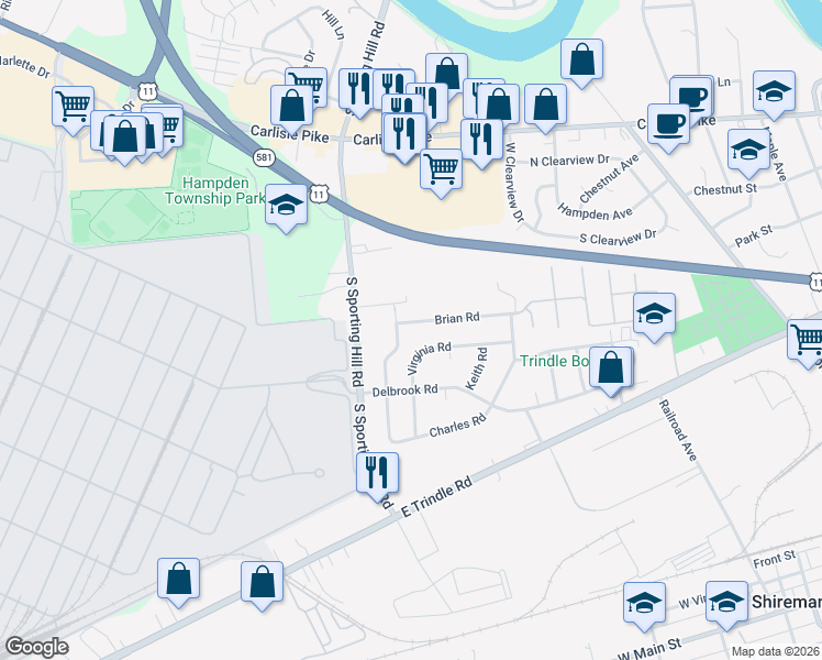 map of restaurants, bars, coffee shops, grocery stores, and more near 4830 Brian Road in Mechanicsburg