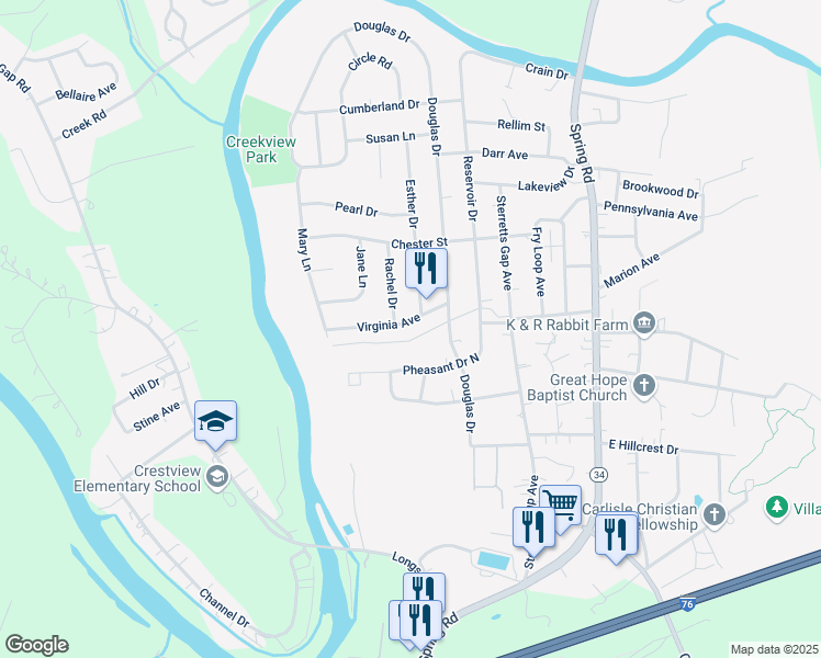 map of restaurants, bars, coffee shops, grocery stores, and more near 132 Virginia Ave in Carlisle
