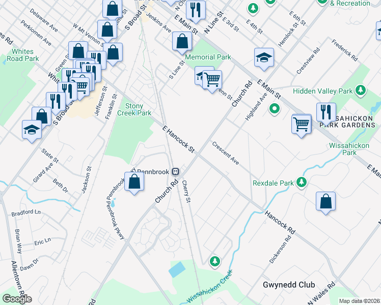 map of restaurants, bars, coffee shops, grocery stores, and more near 474 East Hancock Street in Lansdale