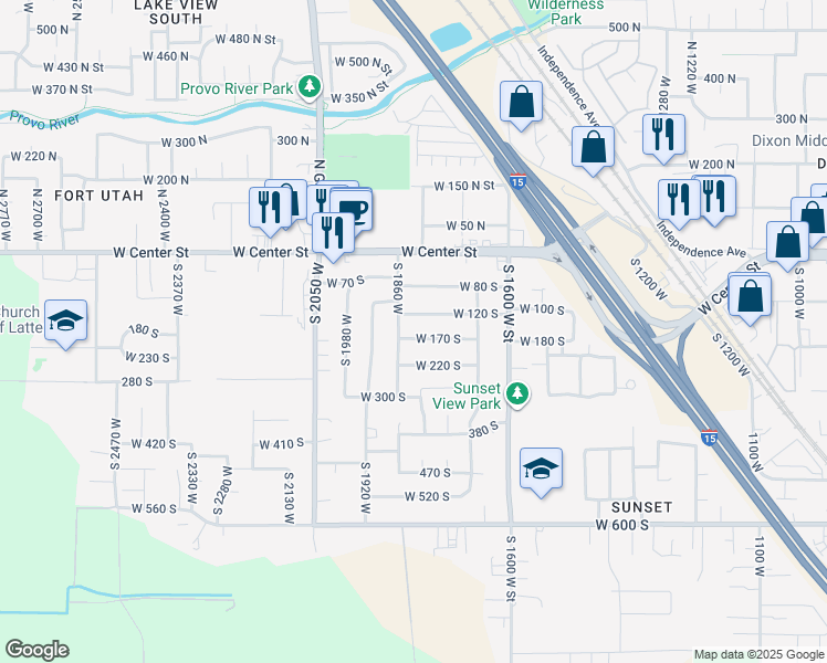 map of restaurants, bars, coffee shops, grocery stores, and more near 1828 West 170 South in Provo