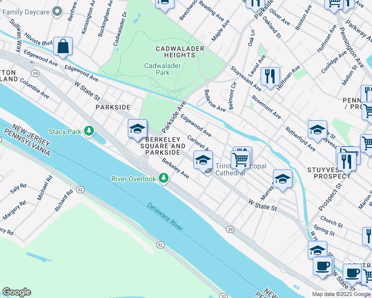 map of restaurants, bars, coffee shops, grocery stores, and more near 900 West State Street in Trenton