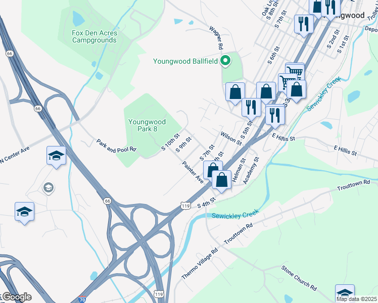 map of restaurants, bars, coffee shops, grocery stores, and more near 709 South 8th Street in Youngwood