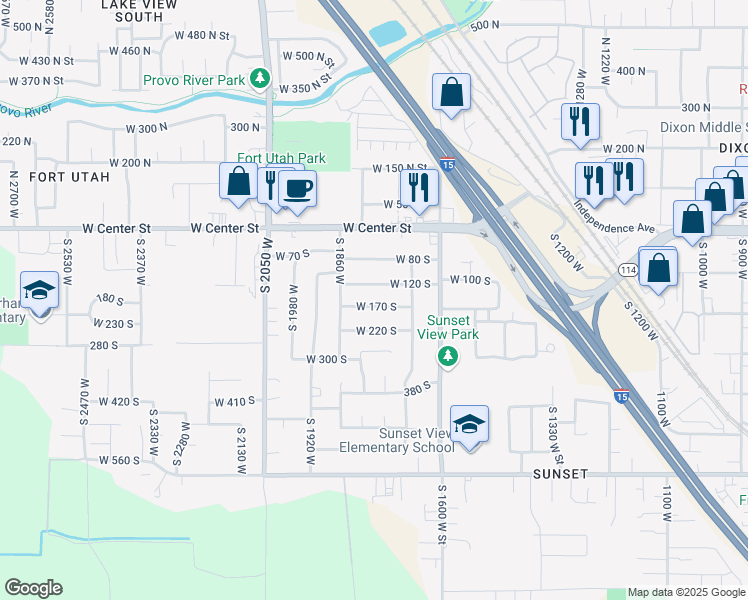 map of restaurants, bars, coffee shops, grocery stores, and more near 1766 West 170 South in Provo