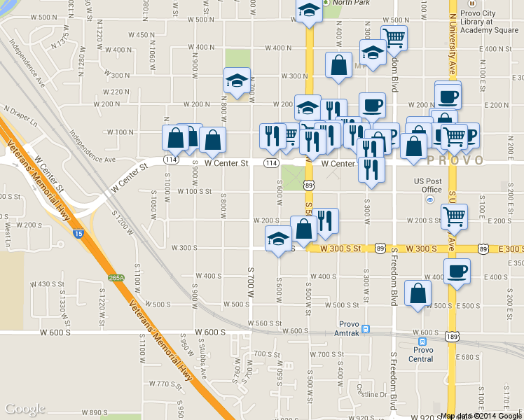 map of restaurants, bars, coffee shops, grocery stores, and more near 656 W 200 S in Provo