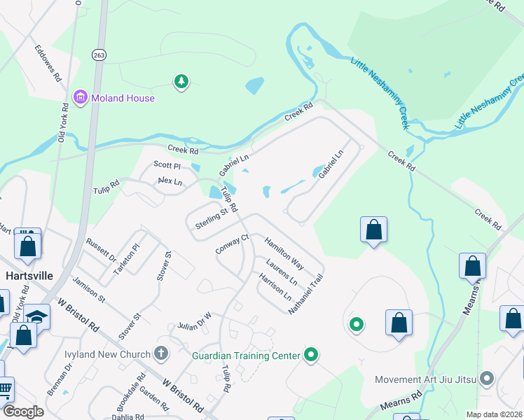 map of restaurants, bars, coffee shops, grocery stores, and more near 947 Nathaniel Trail in Warminster