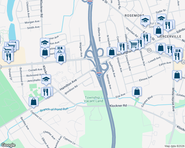 map of restaurants, bars, coffee shops, grocery stores, and more near 4 Birkshire Rd in Hamilton Township