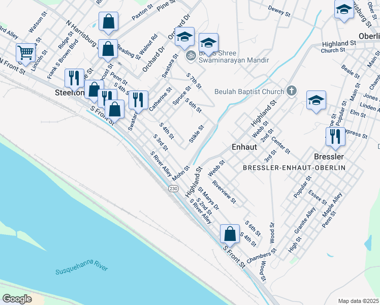 map of restaurants, bars, coffee shops, grocery stores, and more near 301 Mohn Street in Steelton