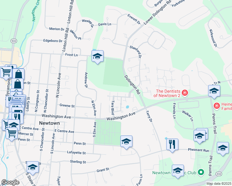 map of restaurants, bars, coffee shops, grocery stores, and more near 308 Sebastian Alley in Newtown