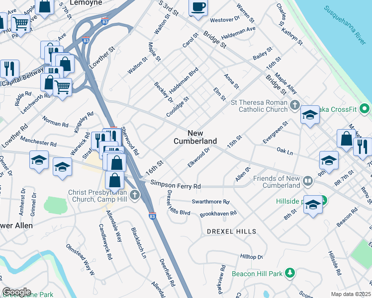 map of restaurants, bars, coffee shops, grocery stores, and more near 726 16th St in New Cumberland