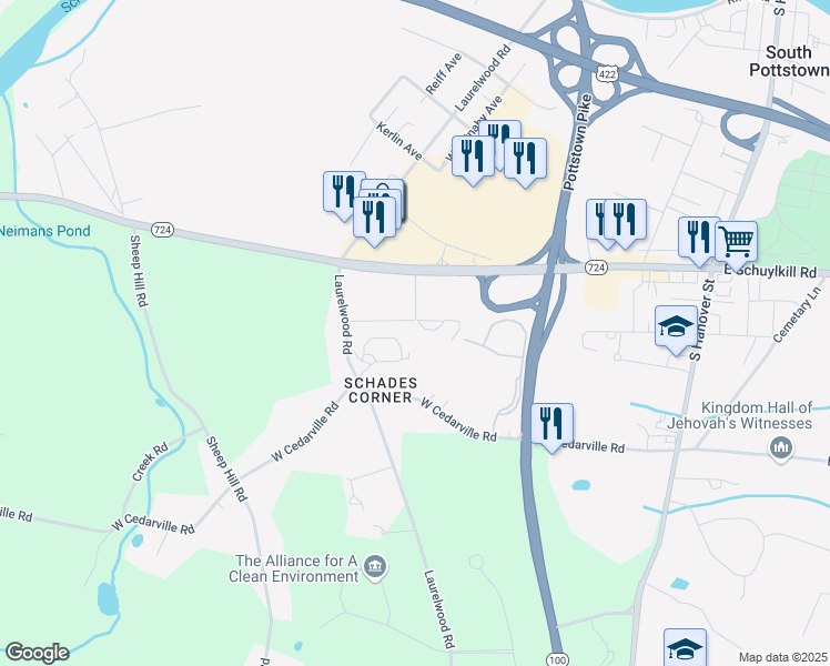 map of restaurants, bars, coffee shops, grocery stores, and more near 610 West Schuylkill Road in Pottstown