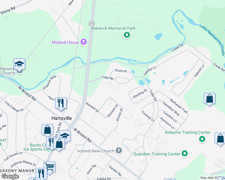 map of restaurants, bars, coffee shops, grocery stores, and more near 4404 Knox Court in Warwick
