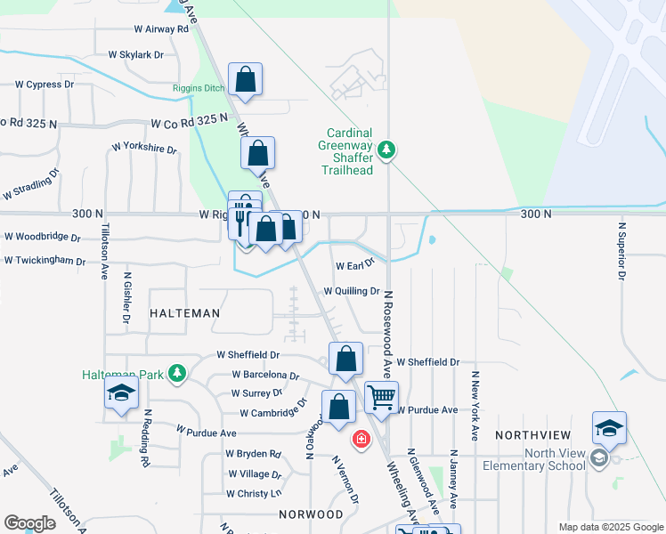 map of restaurants, bars, coffee shops, grocery stores, and more near 4699 North Hollywood Avenue in Muncie