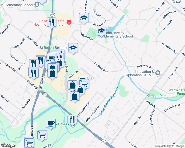 map of restaurants, bars, coffee shops, grocery stores, and more near 5106 Meridian Boulevard in Warrington