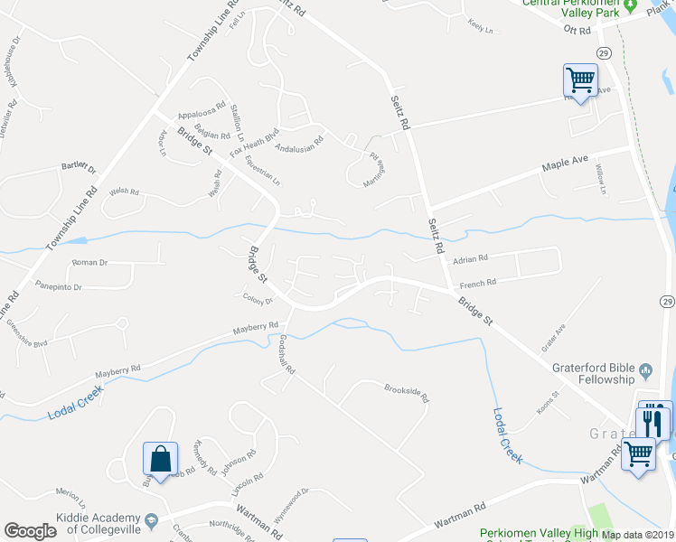 map of restaurants, bars, coffee shops, grocery stores, and more near 392 Bridge Street in Collegeville