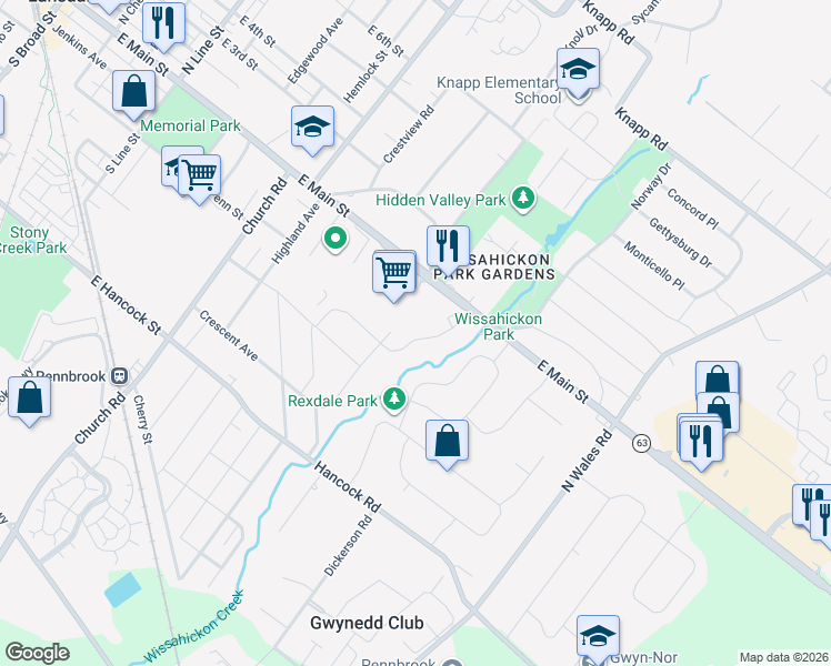 map of restaurants, bars, coffee shops, grocery stores, and more near 52 Oakland Avenue in Lansdale