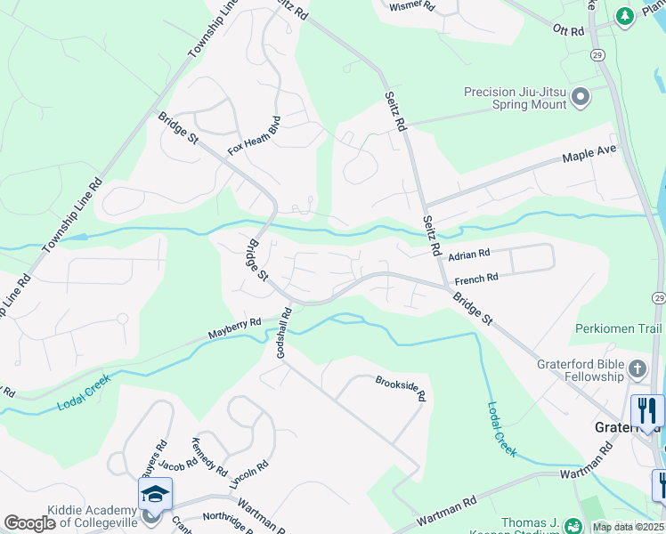 map of restaurants, bars, coffee shops, grocery stores, and more near 392 Bridge Street in Collegeville
