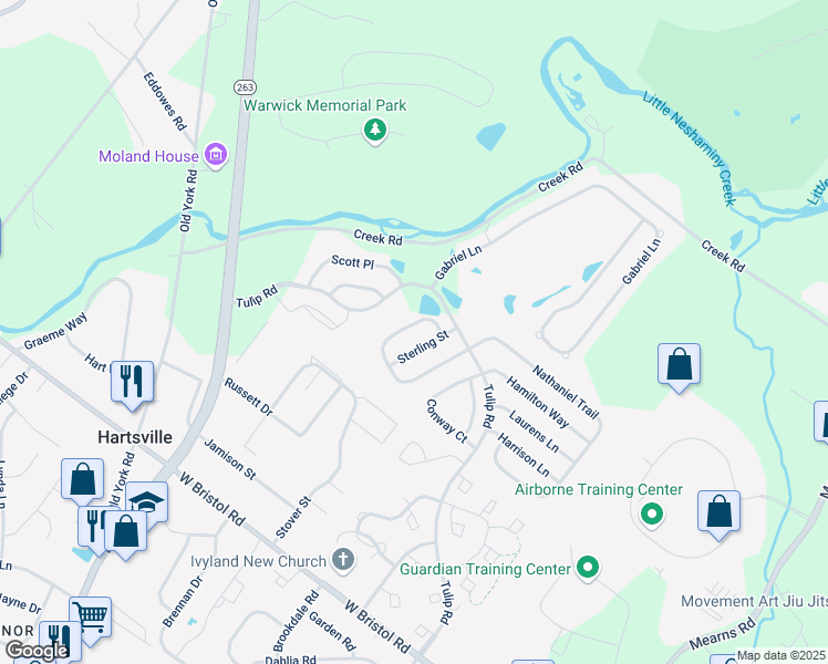 map of restaurants, bars, coffee shops, grocery stores, and more near 1163 Maxwell Manor in Warminster