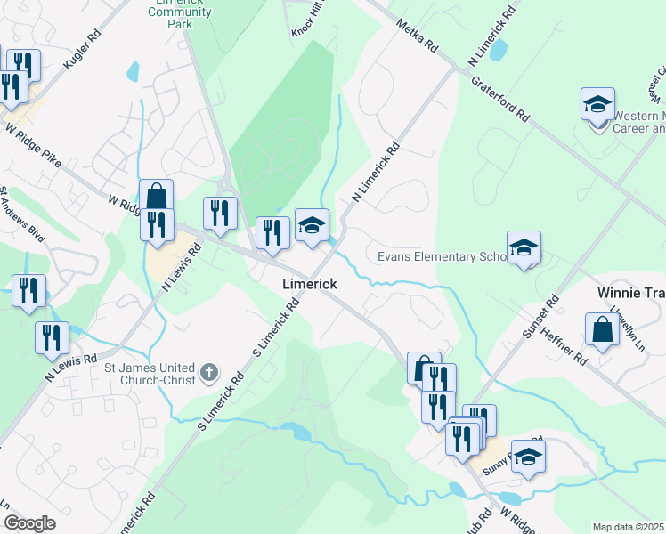 map of restaurants, bars, coffee shops, grocery stores, and more near 12 North Limerick Road in Royersford