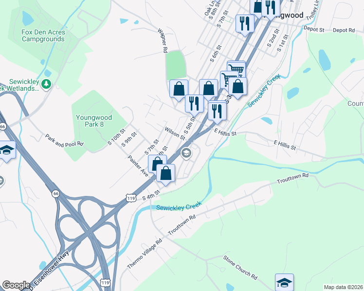 map of restaurants, bars, coffee shops, grocery stores, and more near 606 South 5th Street in Youngwood