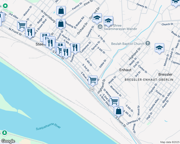 map of restaurants, bars, coffee shops, grocery stores, and more near 351 South 3rd Street in Steelton