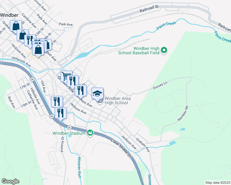 map of restaurants, bars, coffee shops, grocery stores, and more near 709 25th Street in Windber