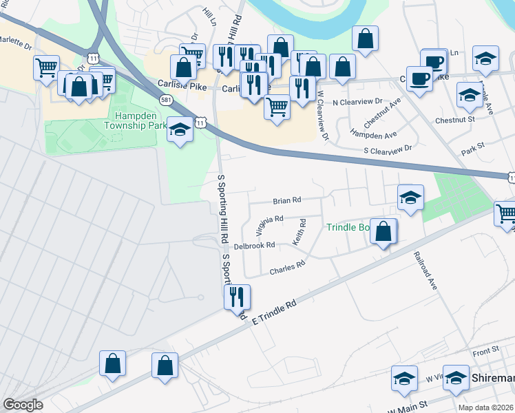 map of restaurants, bars, coffee shops, grocery stores, and more near 4830 Brian Road in Mechanicsburg