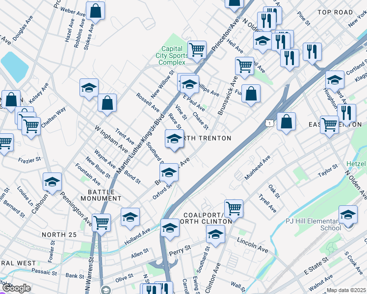map of restaurants, bars, coffee shops, grocery stores, and more near 98 Evans Avenue in Trenton