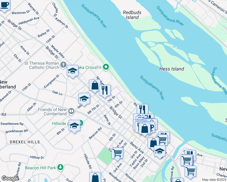 map of restaurants, bars, coffee shops, grocery stores, and more near 112 8th Street in New Cumberland