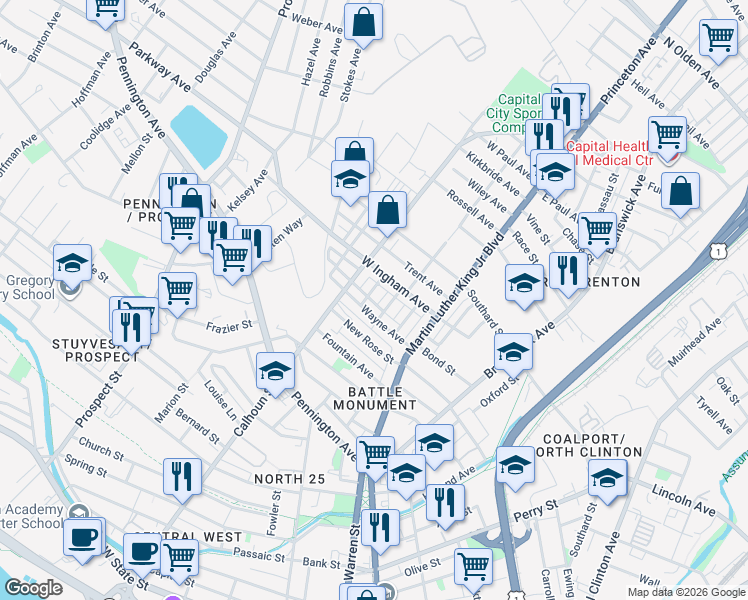 map of restaurants, bars, coffee shops, grocery stores, and more near 38 Harris Avenue in Trenton