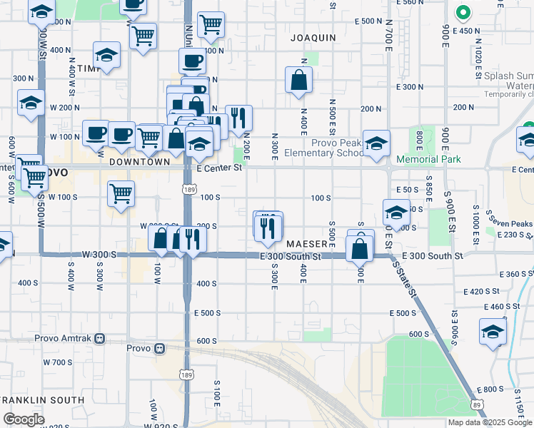 map of restaurants, bars, coffee shops, grocery stores, and more near 160 300 South in Provo