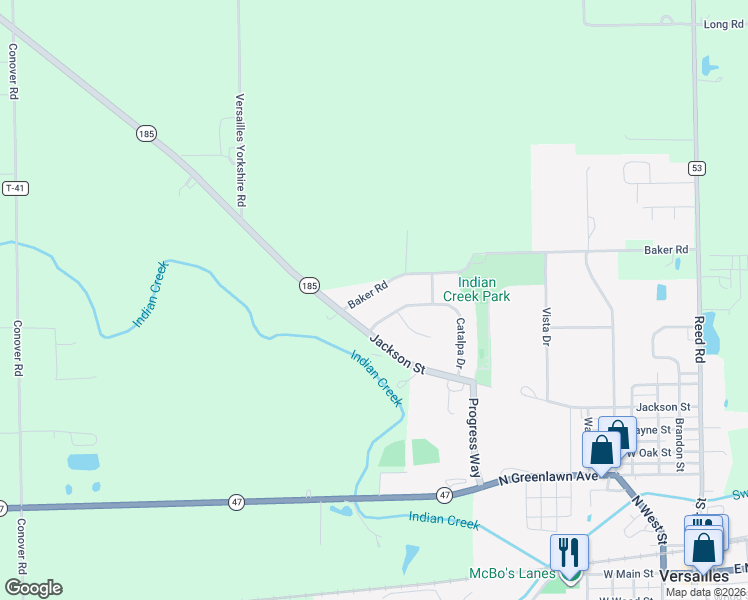 map of restaurants, bars, coffee shops, grocery stores, and more near 1046 Baker Road in Versailles