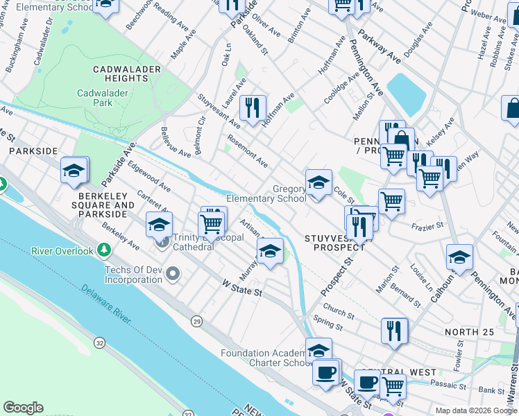 map of restaurants, bars, coffee shops, grocery stores, and more near 583 Bellevue Avenue in Trenton