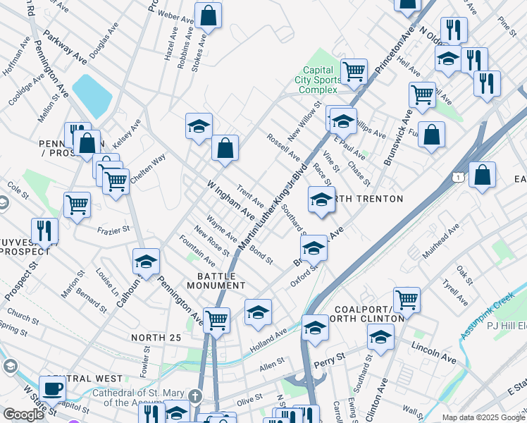 map of restaurants, bars, coffee shops, grocery stores, and more near 687 Martin Luther King Junior Boulevard in Trenton