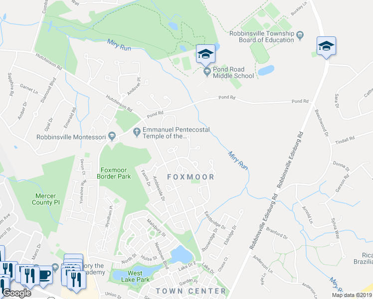 map of restaurants, bars, coffee shops, grocery stores, and more near 30 Endsleigh Place in Robbinsville Township