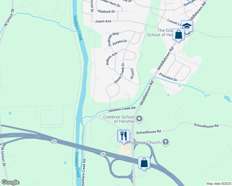 map of restaurants, bars, coffee shops, grocery stores, and more near 2140 Carey Way in Hummelstown