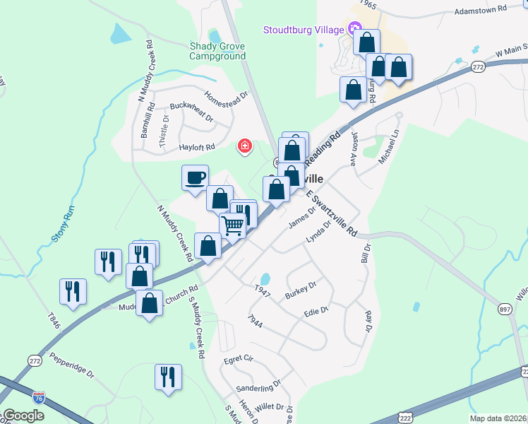 map of restaurants, bars, coffee shops, grocery stores, and more near 6 Muddy Creek Church Road in Denver