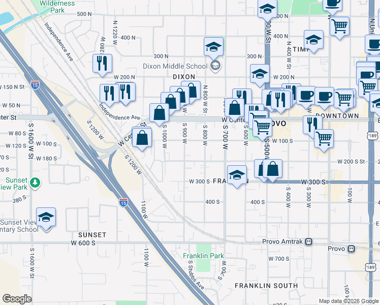 map of restaurants, bars, coffee shops, grocery stores, and more near 850 West 200 South in Provo
