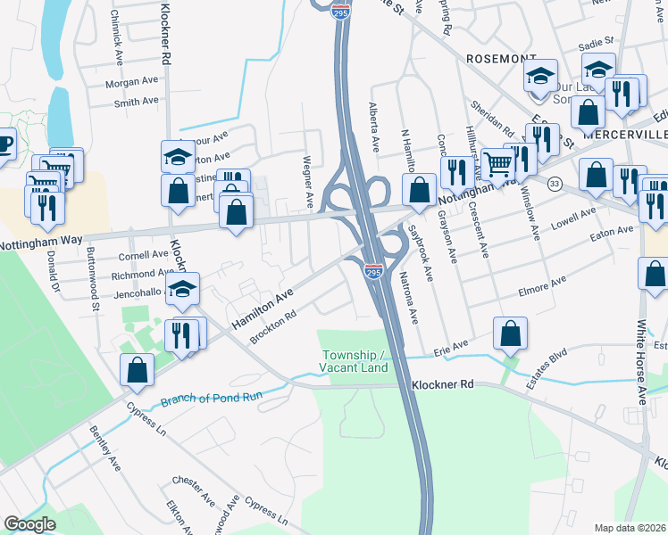 map of restaurants, bars, coffee shops, grocery stores, and more near 4 Birkshire Road in Hamilton Township