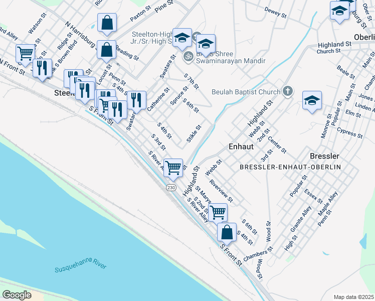 map of restaurants, bars, coffee shops, grocery stores, and more near 301 Mohn Street in Steelton