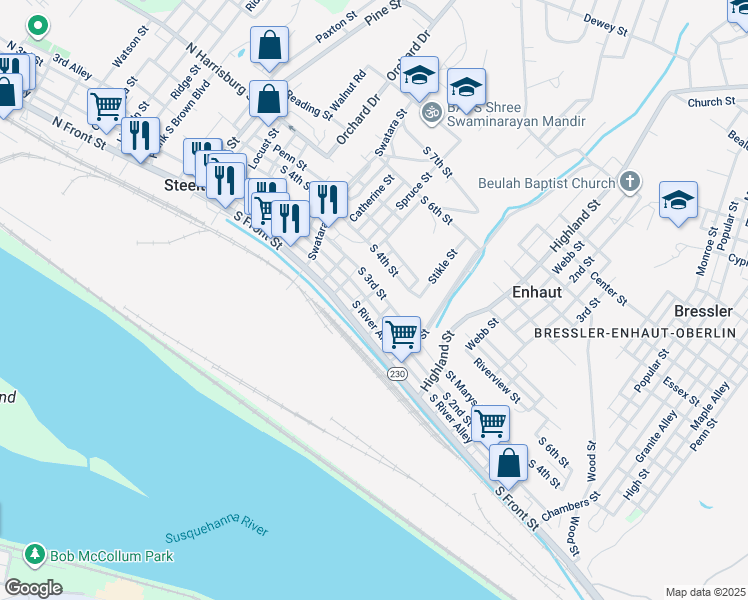 map of restaurants, bars, coffee shops, grocery stores, and more near 351 South 3rd Street in Steelton