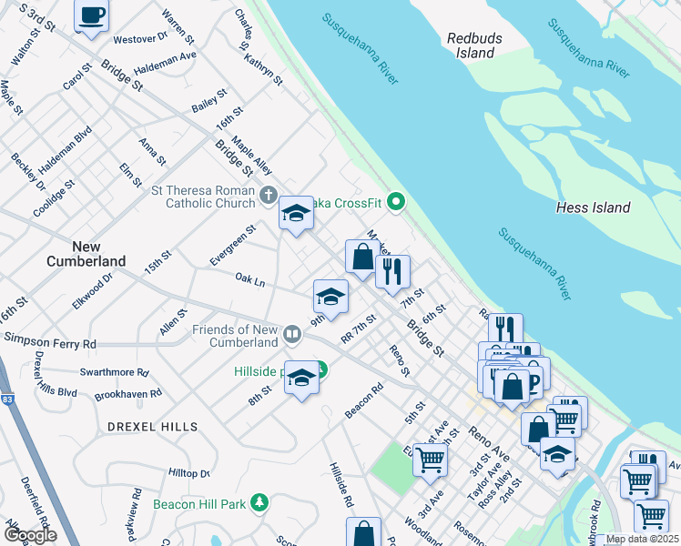 map of restaurants, bars, coffee shops, grocery stores, and more near 905 Bridge Street in New Cumberland