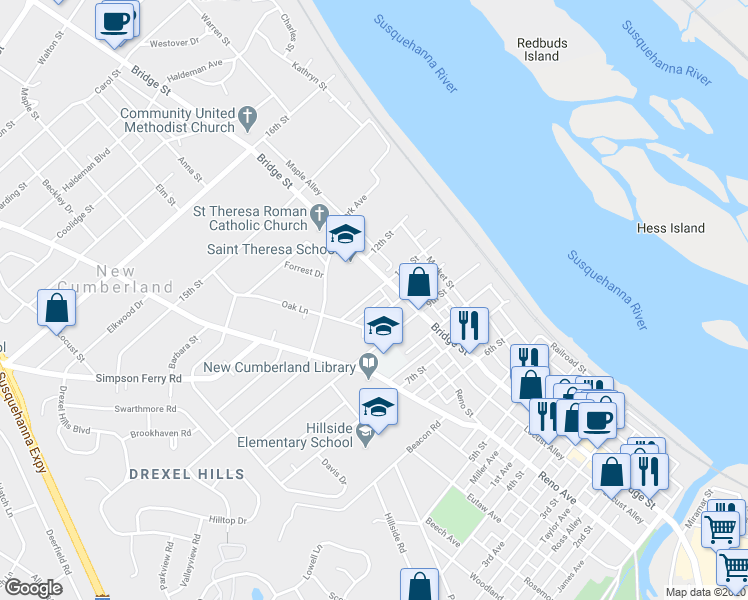 map of restaurants, bars, coffee shops, grocery stores, and more near 306 11th Street in New Cumberland