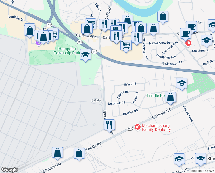 map of restaurants, bars, coffee shops, grocery stores, and more near 311 South Sporting Hill Road in Mechanicsburg