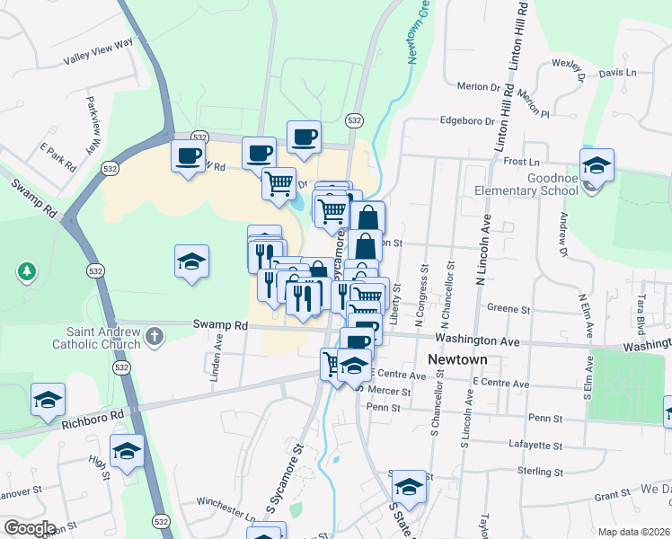 map of restaurants, bars, coffee shops, grocery stores, and more near 10 North Sycamore Street in Newtown