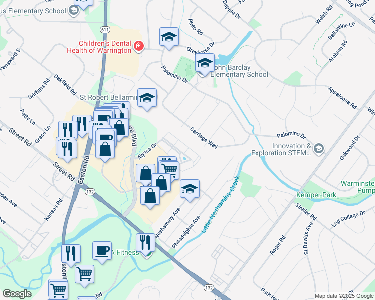 map of restaurants, bars, coffee shops, grocery stores, and more near 5215 Meridian Boulevard in Warrington