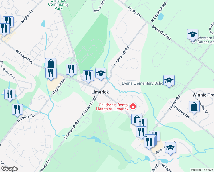 map of restaurants, bars, coffee shops, grocery stores, and more near 12 North Limerick Road in Royersford
