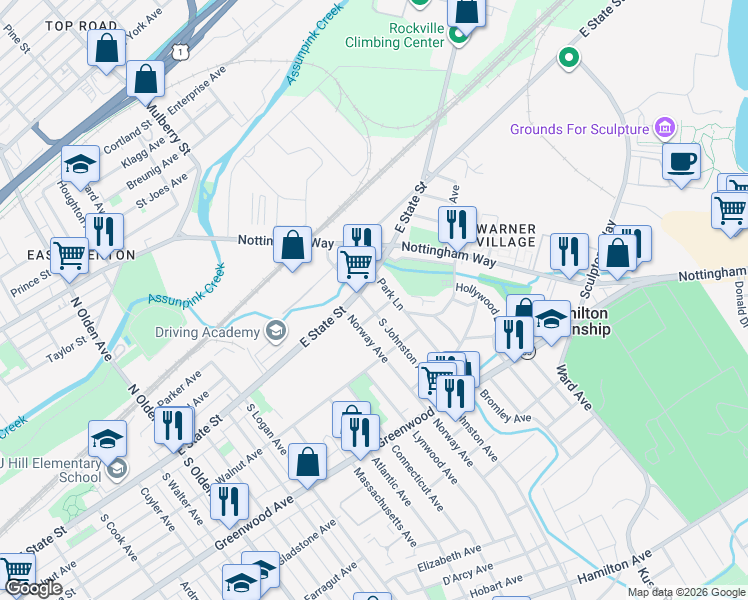 map of restaurants, bars, coffee shops, grocery stores, and more near 22 Johnston Avenue in Trenton